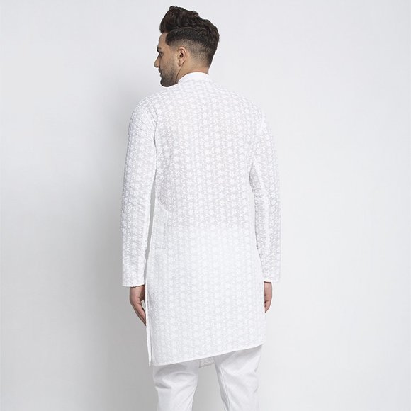 Designer White Cotton Chikankari Lucknowi Jaal Embroidered Kurta for Men - Picture 4 of 6